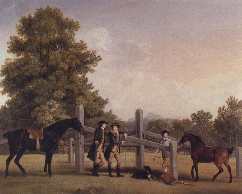 George Stubbs The Third Duke of Portand and his Brother,Lord Edward Bentinck,with Two Horses at a Leaping Bar